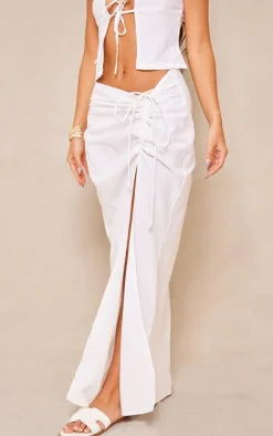 White Linen Ruched Maxi Skirt