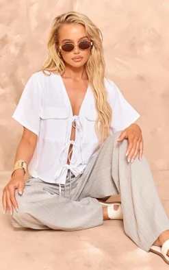 White Linen Tie Front Pocket Detail Short Sleeve Shirt