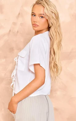 White Linen Tie Front Pocket Detail Short Sleeve Shirt