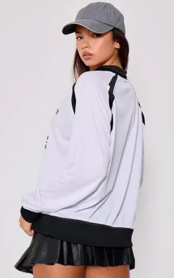White Logo Contrast Piping Collared Long Sleeve Jersey