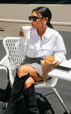 White Long Sleeve Pocket Detail Shirt Dress