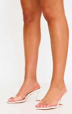 White Low Cake Stand Square Toe Clear Strap Slingback Heeled Sandals