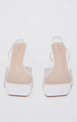 White Low Cake Stand Square Toe Clear Strap Slingback Heeled Sandals