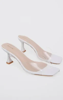 White Low Cake Stand Square Toe Clear Strap Slingback Heeled Sandals