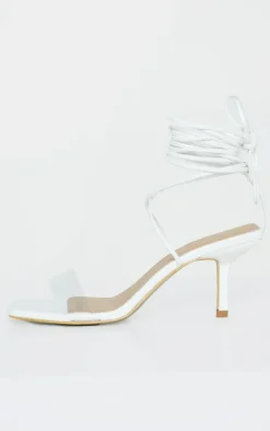 White Low Heel Clear Strap Ankle Tie Sandal
