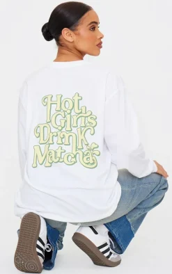 White Matcha Graphic Oversized Long Sleeve T Shirt