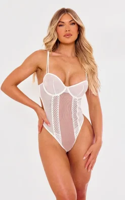 White Mesh Textured Panel Lingerie Bodysuit