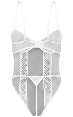 White Mesh Textured Panel Lingerie Bodysuit