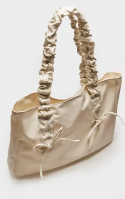 White Nylon Bow Ruched Handle Tote Bag