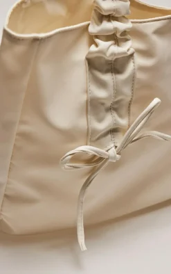 White Nylon Bow Ruched Handle Tote Bag