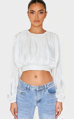 White Organza Pleated Long Sleeve Blouse