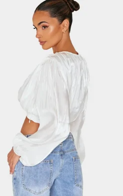 White Organza Pleated Long Sleeve Blouse