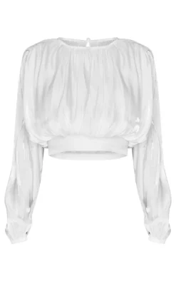 White Organza Pleated Long Sleeve Blouse