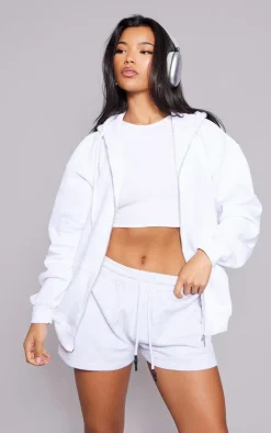 White Oversized Zip Up Plain Front Hoodie