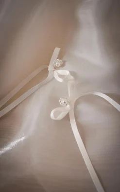 White Pearl Detail Satin Bow Statement Earrings