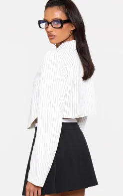 White Pinstripe Curved Hem Cropped Blazer
