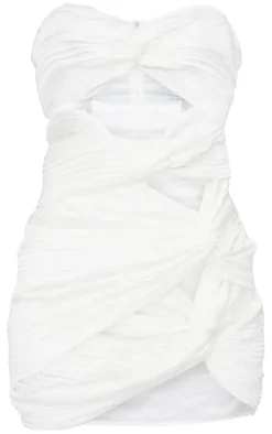 White Pleated Satin Bandeau Cut Out Knot Detail Bodycon Dress