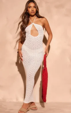 White Pointelle Knit Cut Out Front Halterneck Maxi Dress