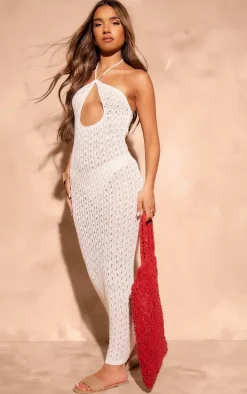 White Pointelle Knit Cut Out Front Halterneck Maxi Dress