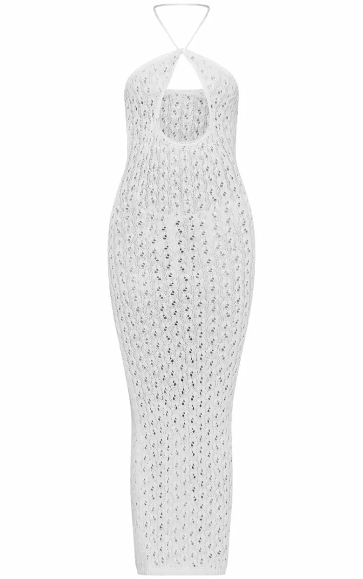 White Pointelle Knit Cut Out Front Halterneck Maxi Dress