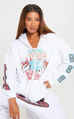 White Printed Zip Through Hoodie