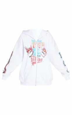 White Printed Zip Through Hoodie