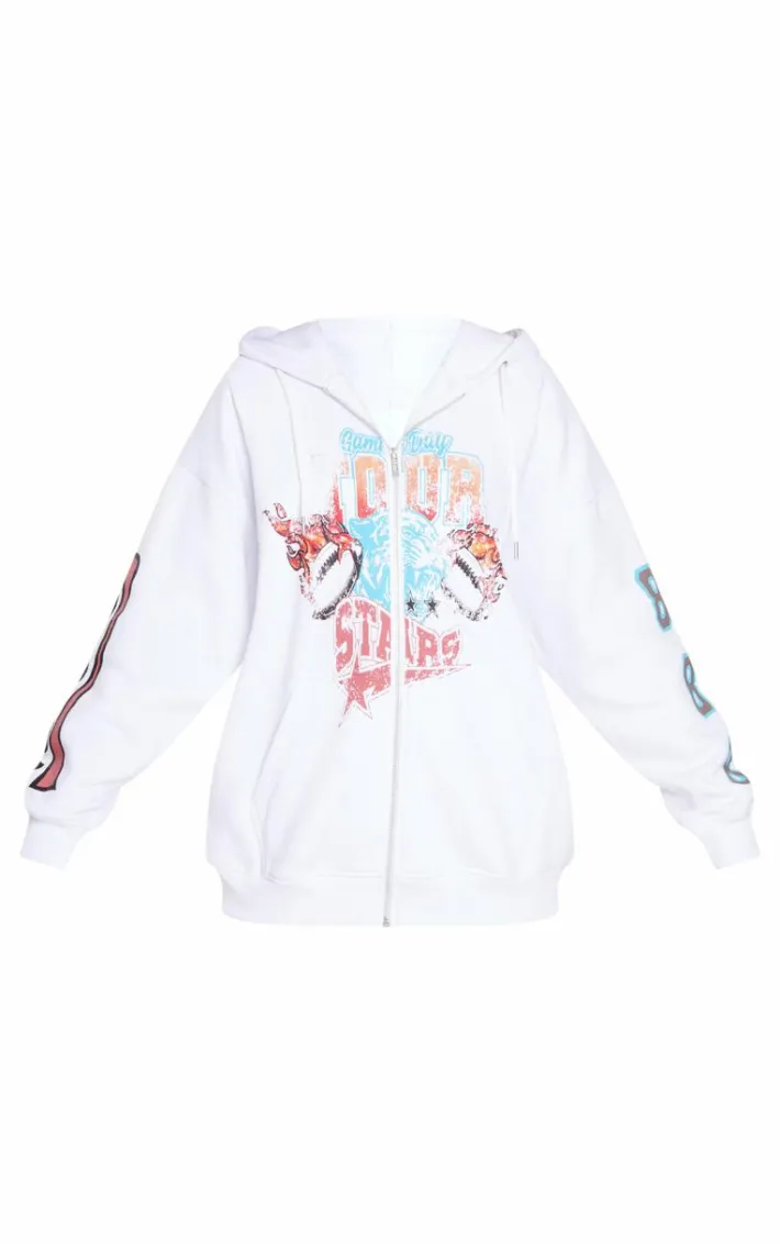 White Printed Zip Through Hoodie