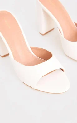 White Pu Basic Block Heeled Mule Sandals