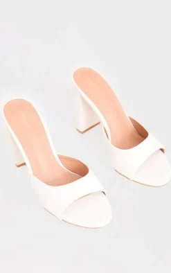 White Pu Basic Block Heeled Mule Sandals