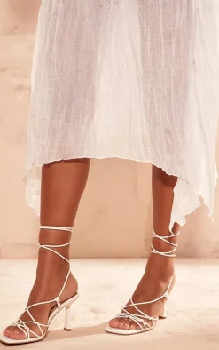 White Pu Crinkle Lace Up Low Heeled Sandals