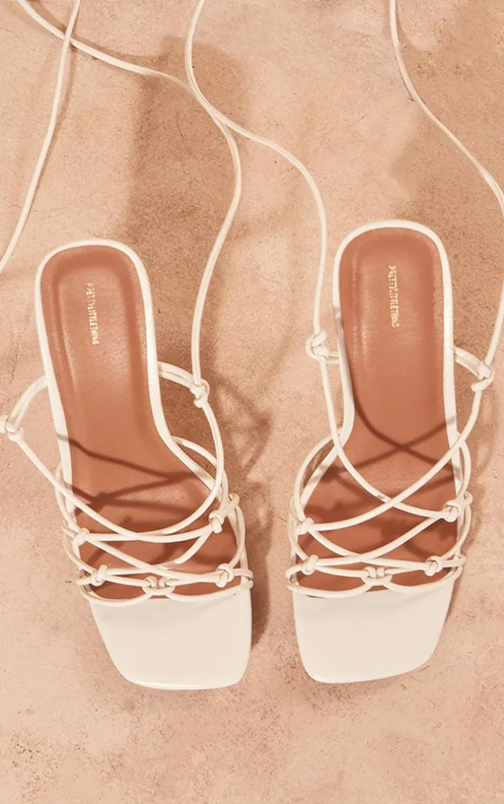 White Pu Crinkle Lace Up Low Heeled Sandals