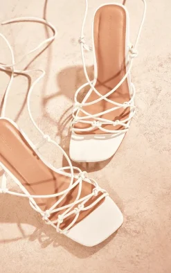 White Pu Crinkle Lace Up Low Heeled Sandals