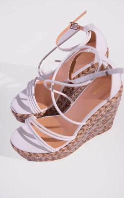 White PU Round Toe Asymmetric Strap Diamante Platform Heeled Wedges