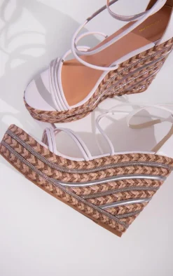 White PU Round Toe Asymmetric Strap Diamante Platform Heeled Wedges