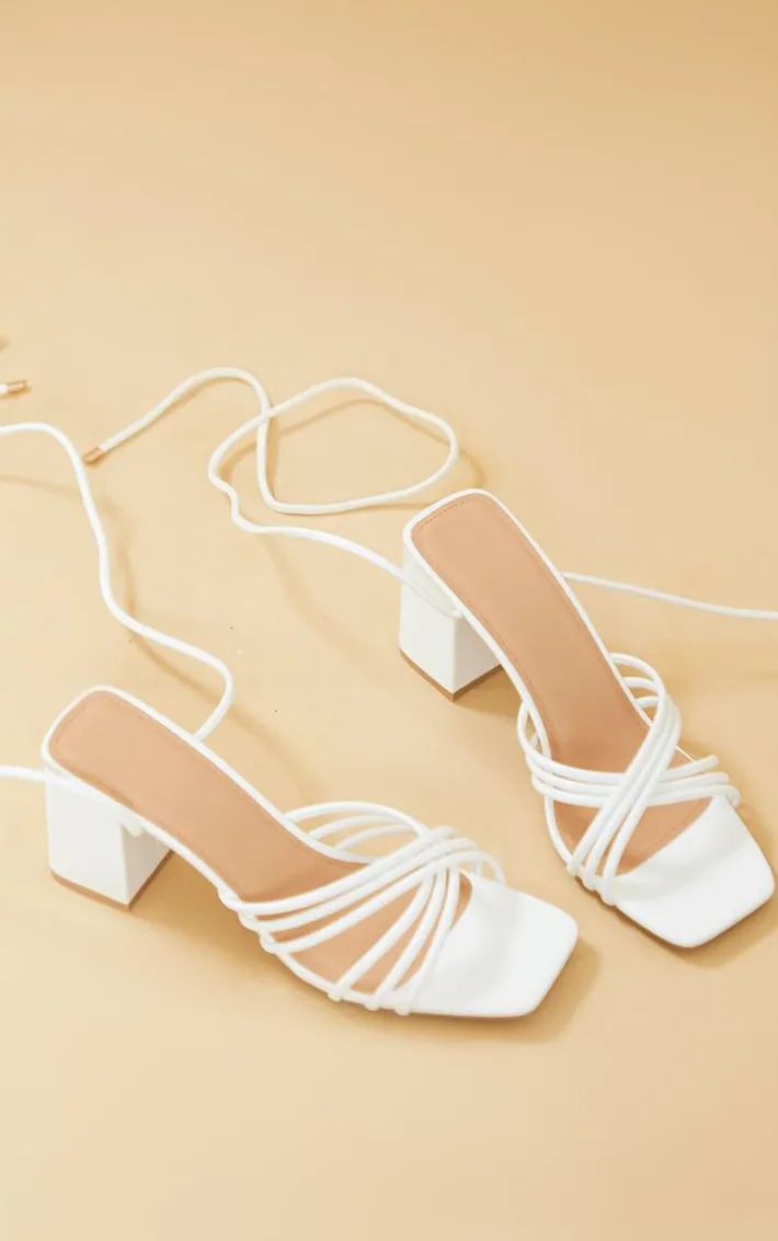 White PU Square Multi Criss Cross Strap Block Heeled Tie Up Sandals