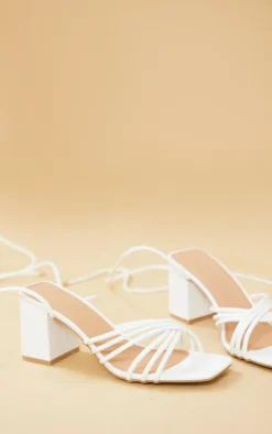 White PU Square Multi Criss Cross Strap Block Heeled Tie Up Sandals