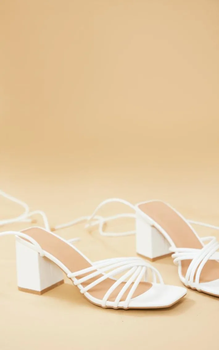 White PU Square Multi Criss Cross Strap Block Heeled Tie Up Sandals