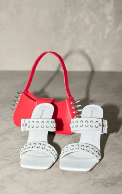 White Pu Square Toe Buckle Eyelet Detail High Heeled Mules