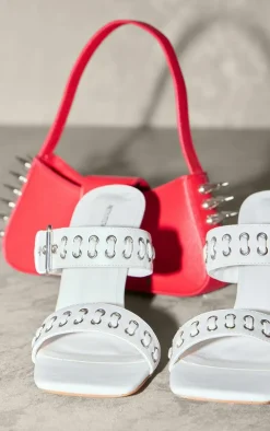 White Pu Square Toe Buckle Eyelet Detail High Heeled Mules