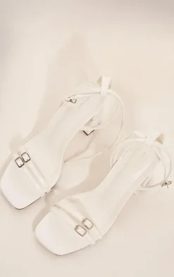 White PU Square Toe Buckle Detail Block Heeled Sandal