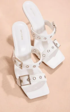 White Pu Square Toe Double Buckle Mid Heeled Mules
