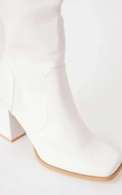 White PU Square Toe Flare Block Heel Knee High Boots