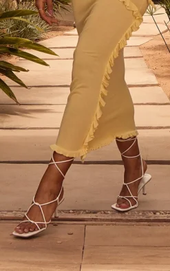 White Pu Square Toe Strappy Lace Up Heeled Sandals