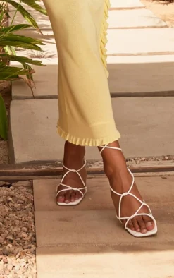 White Pu Square Toe Strappy Lace Up Heeled Sandals