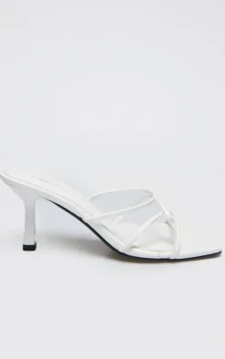 White PU Wide Fit Cross Over Strap Heeled Mules
