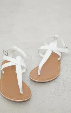 White Real Leather Basic Toe Thong Strap Flat Sandals