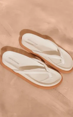 White Real Leather Round Toe Flat Flip Flop Sandals