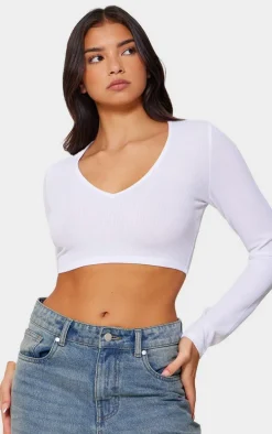 White Rib V Neck Long Sleeve Crop Top