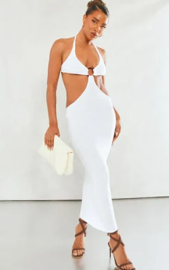 White Ring Detail Knitted Maxi Dress