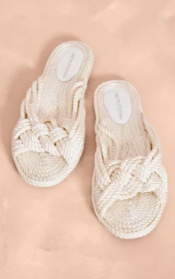 White Rope Round Toe Woven Cross Strap Detail Flat Sandals